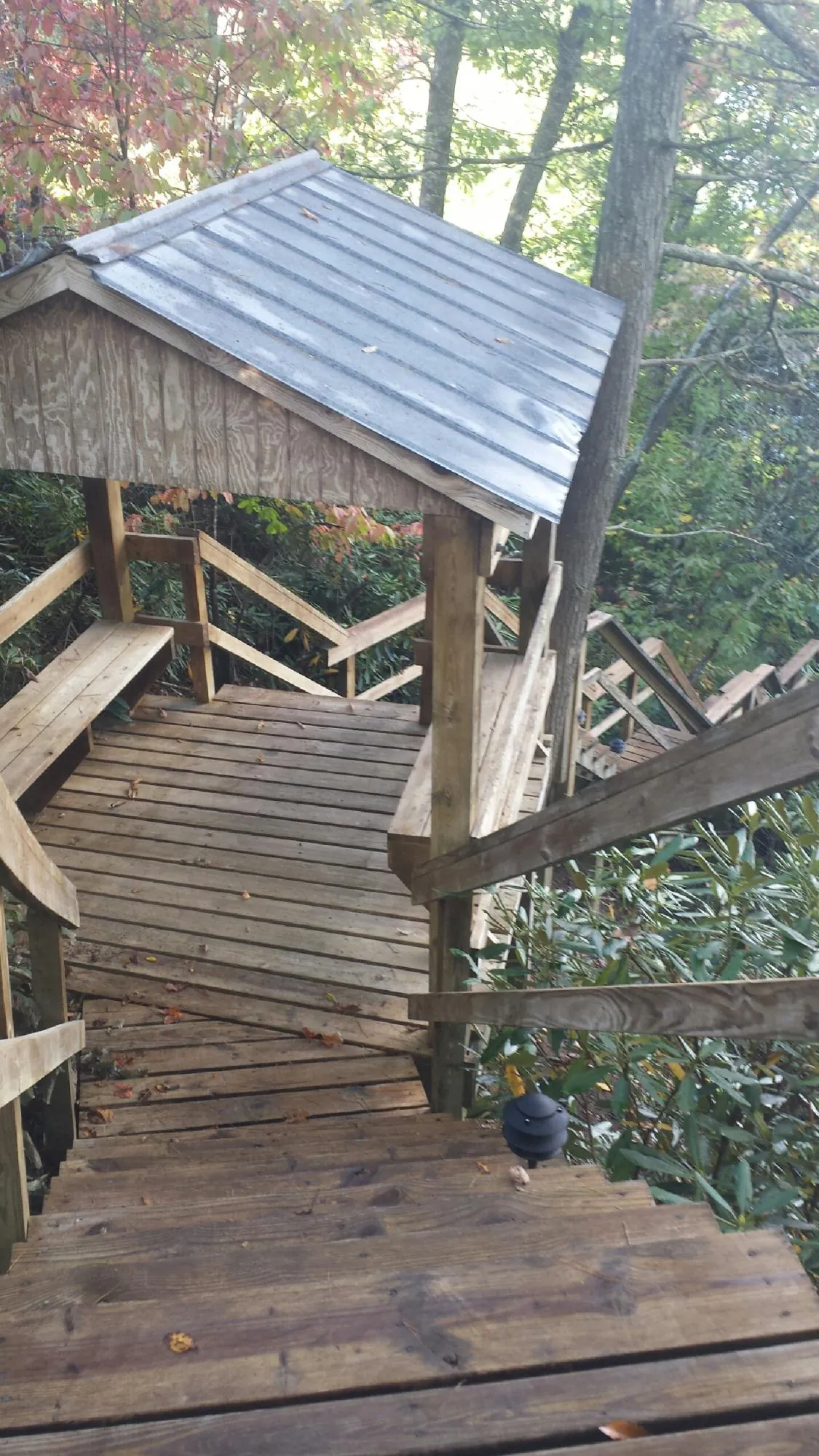 Metal roofed shelter over wooden steps on a wooded walkway — Skylight Repair & Installation work by our crew in Wrightwood